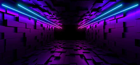 A dark corridor lit by colorful neon lights. Reflections on the floor and walls. Empty background in the center. 3d rendering image.の写真素材