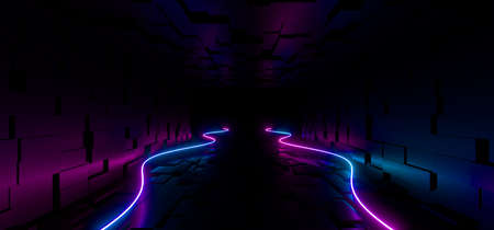 A dark corridor lit by colorful neon lights. Reflections on the floor and walls. Empty background in...