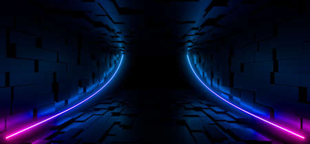A dark corridor lit by colorful neon lights. Reflections on the floor and walls. Empty background in the center. 3d rendering image.の写真素材