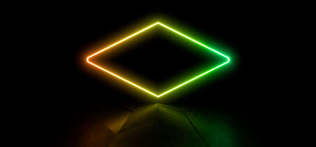 Colored luminous geometric shape on a black background. Blurred reflection on the floor. 3d rendering image.の写真素材