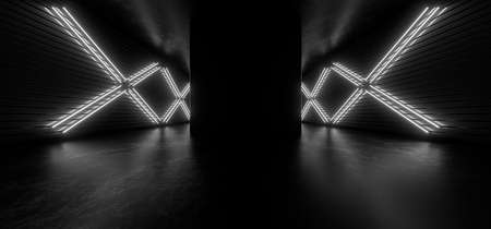 Dark hall with bright white neon lights. Empty black space for text. Blurry reflections on the floor. Abstract black background. 3D rendering image.の写真素材