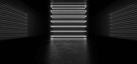 Dark hall with bright white neon lights. Empty black space for text. Blurry reflections on the floor. Abstract black background. 3D rendering image.の写真素材