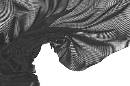 Beautiful flowing colored particles. Black wavy shape made of small cubes. Abstract design element. 3D rendering image. Image isolated on a white background.の写真素材