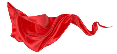 Beautiful flowing fabric flying in the wind. Red wavy silk or satin. Abstract element for design. 3D rendering image. Image isolated on a white background.の写真素材