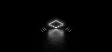 Dark hall with bright white neon lights. Empty black space for text. Blurry reflections on the floor. Abstract black background. 3D rendering image.の写真素材