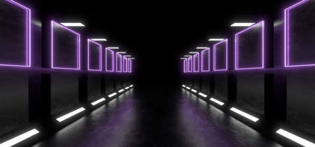 A dark corridor lit by white neon lights. Reflections on the floor and walls. Empty background in the center. 3d rendering image.の写真素材