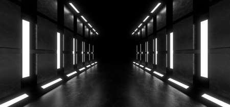 A dark corridor lit by white neon lights. Reflections on the floor and walls. Empty background in the center. 3d rendering image.の写真素材
