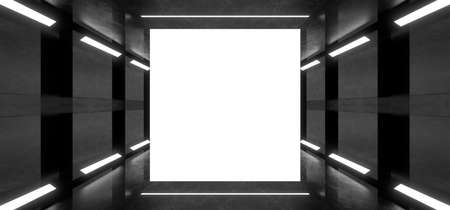 A dark corridor lit by white neon lights. Reflections on the floor and walls. Empty background in the center. 3d rendering image.の写真素材