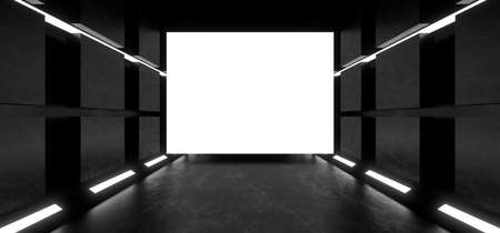 A dark corridor lit by white neon lights. Reflections on the floor and walls. Empty background in the center. 3d rendering image.の写真素材