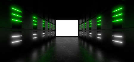 A dark corridor lit by colorful neon lights. Reflections on the floor and walls. Empty background in...