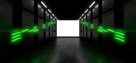 A dark corridor lit by colorful neon lights. Reflections on the floor and walls. Empty background in...