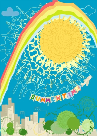 silhouette of city with trees, sun and rainbow on a blue  backgroundのイラスト素材