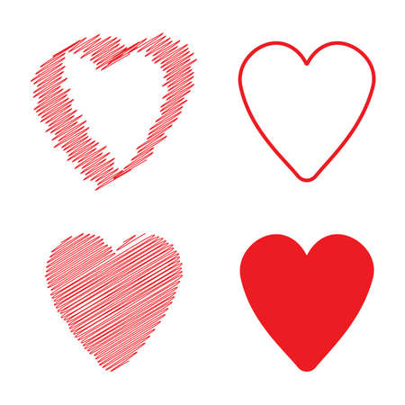 Red heart icon set. Drawing love symbol set. Celebration decor. Holiday wedding. Vector illustration. Stock image.のイラスト素材