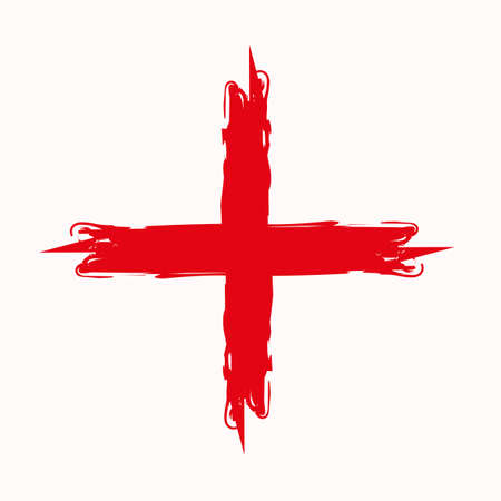 Red plus icon on white background. Paint marker strokes. Math backdrop. Ink art design. Vector illustration. Stock image.のイラスト素材