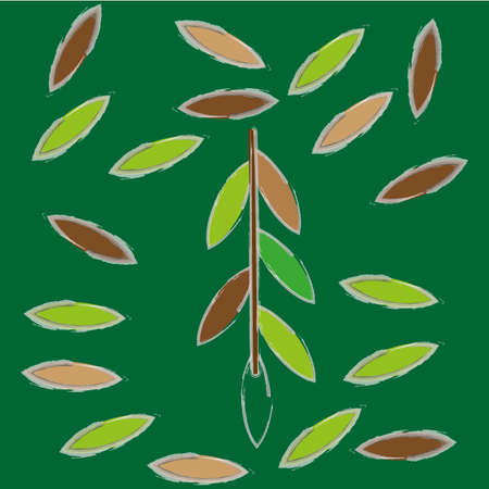 Willow stem with falling leafs. Green background. Watercolor picture. Freehand design. Vector illustration. Stock image.のイラスト素材