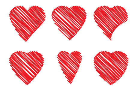 Marker red heart icons set. Felt pen drawing. Romantic background. Love symbol. Vector illustration. Stock image.のイラスト素材