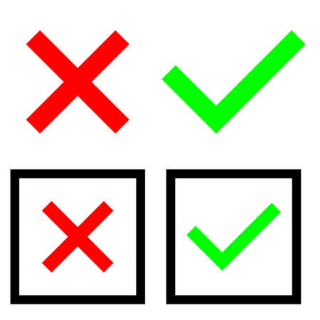 Cross and mark icon. Red and green sign. Choice background. Black square frame. Vector illustration....