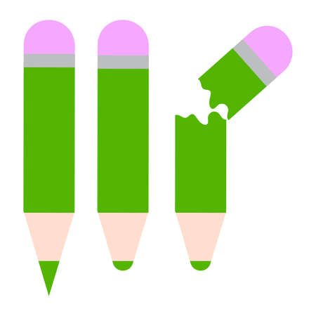 Green pencil icon set. Whole and broken. Hand art design. School supplies. Flat sign. Vector illustration. Stock image.のイラスト素材