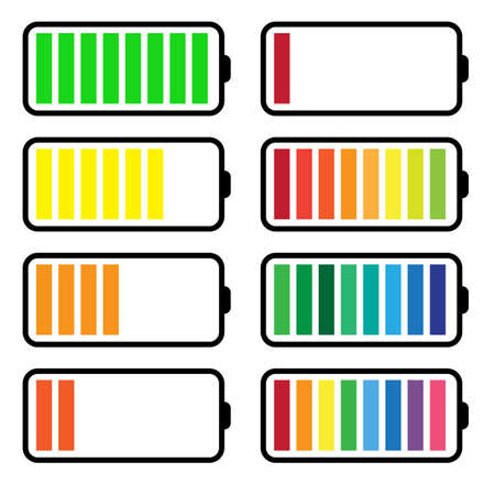 Charge battery icon set. Colored sign. Process background. Energy process design. Vector illustration. Stock image.のイラスト素材