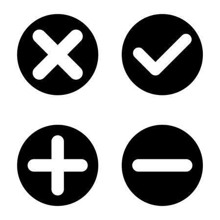 Four stained validation. Plus, minus, cross and mark icons. Check sign. Black circle. Vector illustration. Stock image.のイラスト素材
