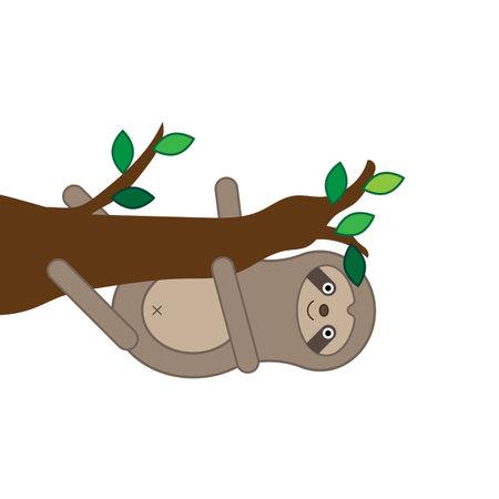 Cute raccoon on tree branch. Green leaves. Posing animal. Cartoon forest inhabitant. Vector illustration. Stock image.のイラスト素材