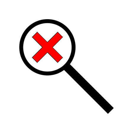 Cross in magnifying glass. Red sign. Error icon. Data analysis. Flat design. Modern art. Vector illustration. Stock image.のイラスト素材