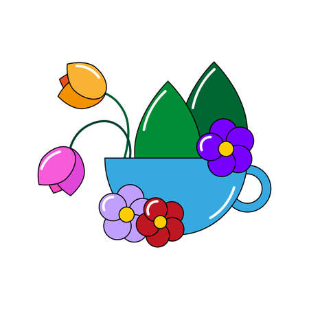Blue cup with flowers. Colored sign. Beautiful art. Nature design. Botany background. Vector illustration. Stock image.のイラスト素材