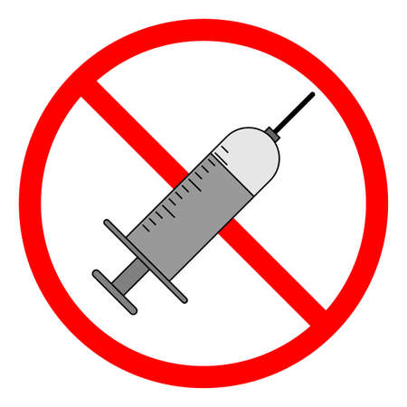 Red syringe prohibition sign on white background.   Vector illustration. stock image.のイラスト素材