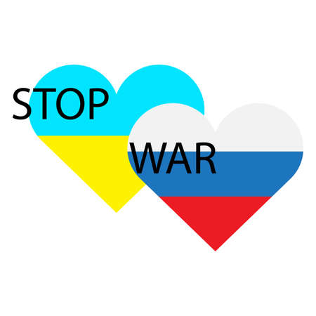 Cartoon two hearts stop war. Stop war. No war. Hearts of Ukraine and Russia. Vector illustration. stock image.のイラスト素材