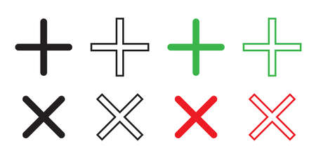 Black red crosses on white background. Check mark icon. Phone mockup. Copy space. Vector illustration. stock image.のイラスト素材