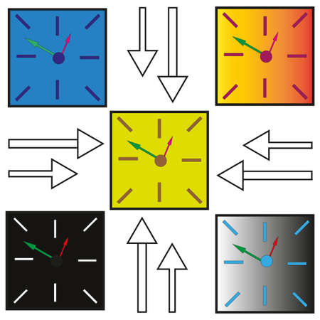 Wall clocks of various shapes. Wall clock in cartoon style. Multicolored wall clock. Vector illustration. stock image.のイラスト素材