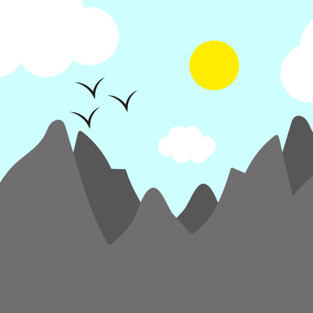 sun mountains birds figure. Color texture. Landscape design. Vector illustration. stock image.のイラスト素材