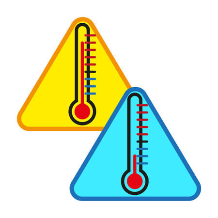 Icon with thermometers in triangles sign. Caution warning sign sticker. Vector illustration. Stock...