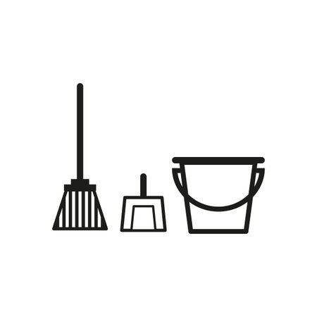 Cartoon broom scoop bucket icon.Vector illustration. Stock image.のイラスト素材