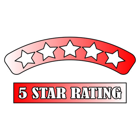 Icon with red five stars rating lettering. Star icon. Vector illustration. Stock image.のイラスト素材