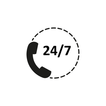 24 7 icon. Telephone sign. Call center, online customer support. Vector illustration. Stock image.