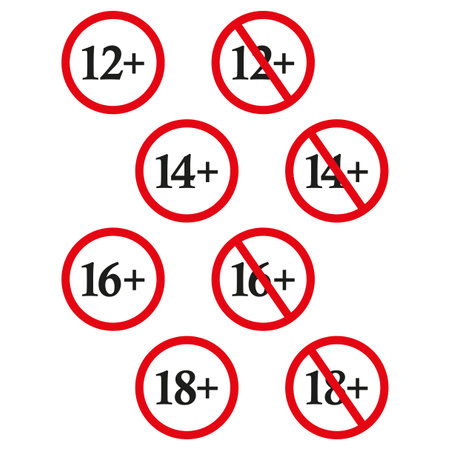 red prohibition age. Attention sign. Forbidden signs of different ages. Vector illustration. Stock image.のイラスト素材