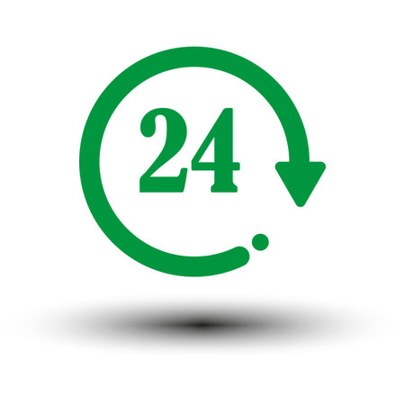 Green round arrow 24. Time clock. Online support center. Vector illustration. stock image.のイラスト素材