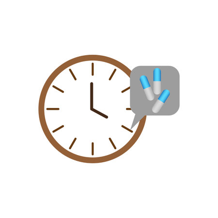 Tablet clock. Watch pill in flat style. Time clock. Medical design. Vector illustration.のイラスト素材