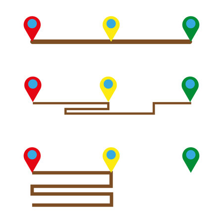 Cartoon paths colored pins in cartoon style. Road trip. Mark location. Vector illustration.のイラスト素材