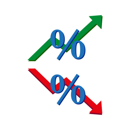 green red arrows percentages. Money tax rate sign. Trade arrow. Growth profit symbol. Vector illustration.のイラスト素材
