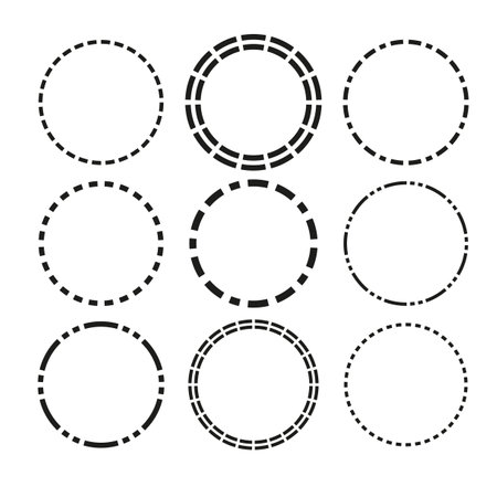 Radial, radiating, converging circular rings of dashed line circles. Periodic, infrequent bits, particles. Vector illustration.のイラスト素材
