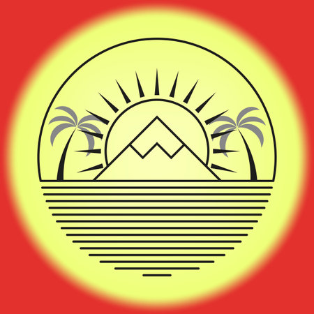 sun palm trees circle. Logo, label. Vector illustration.のイラスト素材
