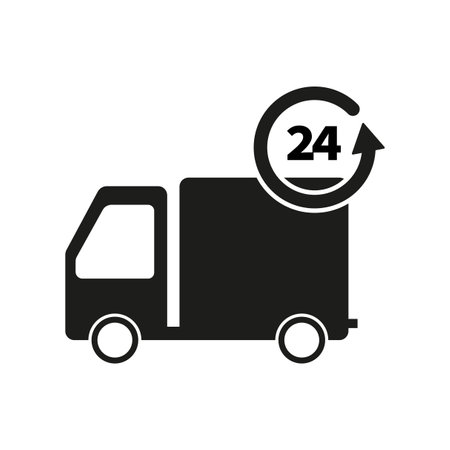 Truck 24 hours icon. Fast delivery truck. Cargo van moving fast. Vector illustration.のイラスト素材