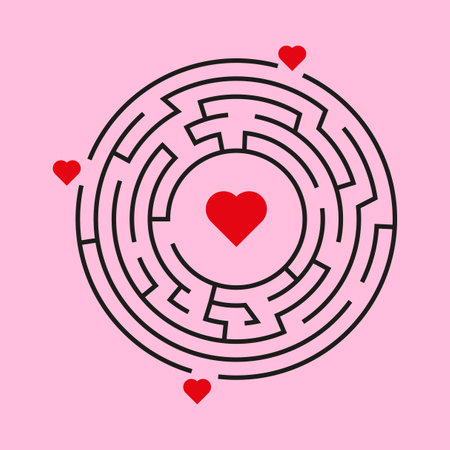 Circle Maze. heart in the center of the labyrinth. Find the Way Out Concept. vector illustration.のイラスト素材