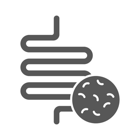 Intestine with bacteria line icon. Irritable bowel syndrome, constipation, intestinal obstruction symbol. Vector illustration. Stock image.のイラスト素材