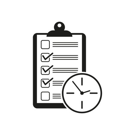 Checklist for time, icon. Order form vector illustration. Clipboard and clock. Vector illustration. stock image.のイラスト素材