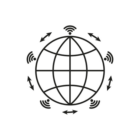 Globe icon. Wifi icons around the globe. Vector illustration. stock image.のイラスト素材