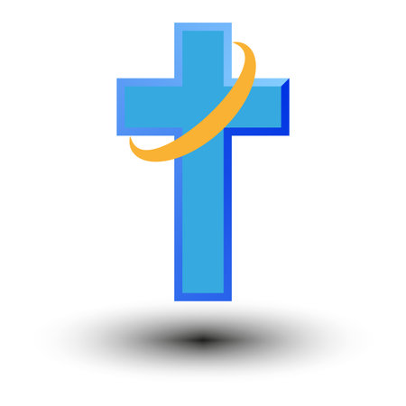 Blue cross. Cross with orange circle. Vector illustration. EPS 10.のイラスト素材