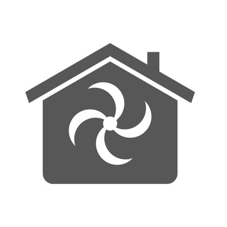 Microclimate home. Icon cooling apartment or home. House and fan icon. Air conditioning symbol. Vector illustration. Eps 10.のイラスト素材